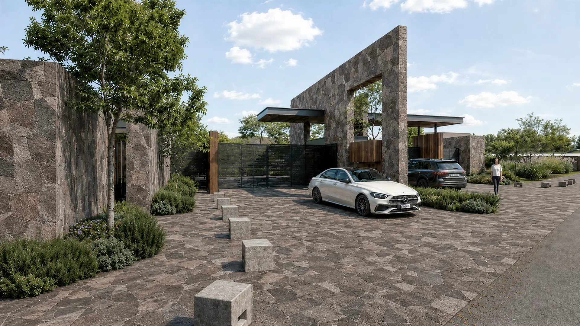 Fachada y pórtico de acceso de Corenta Residencial