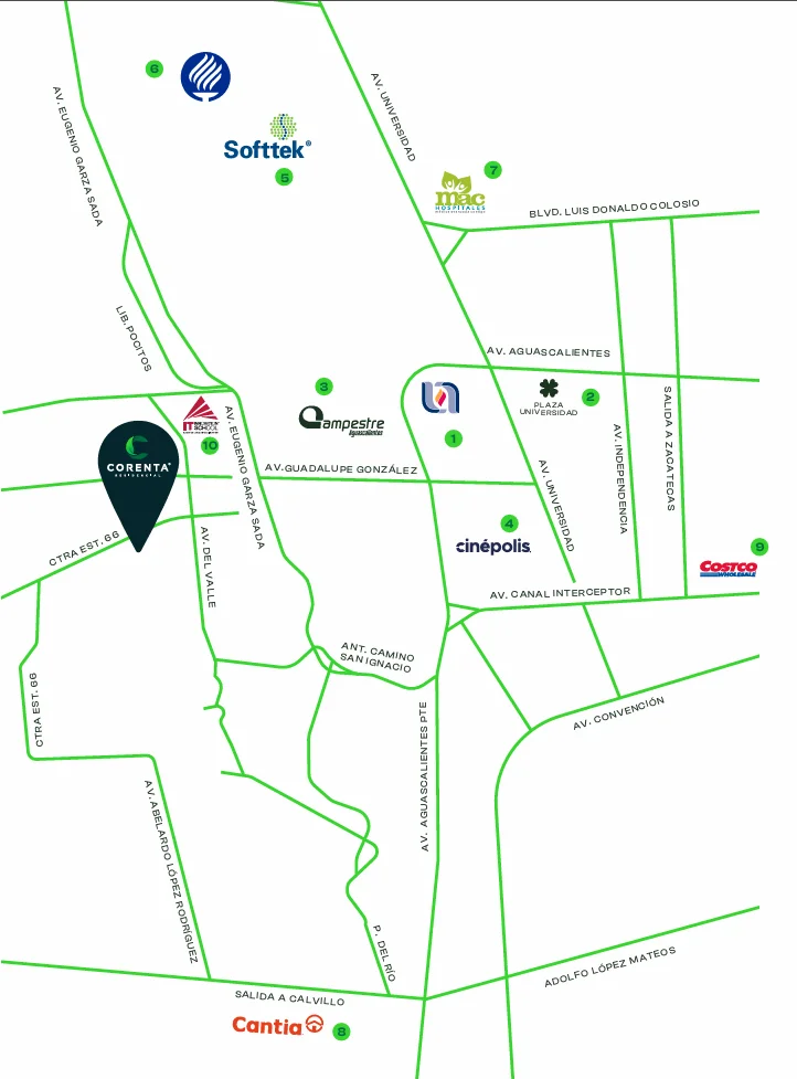 Mapa de ubicación de Corenta Residencial con vialidades, referencias urbanas y puntos de interés numerados.